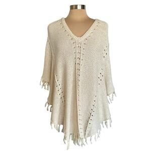 Ann Taylor Loft Cream Open Weave Sweater Poncho M/L Beachy Boho Western Staple